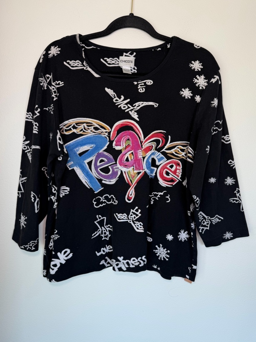 Vintage Y2K Chico’s Whimsical Fairy Grunge Graphic Graffiti 3/4 Sleeve Top